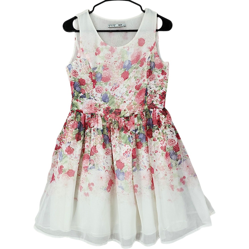ASOS by mala Floral Dress M Fairycore White Pink Fit Flare Sleeveless Whimsical